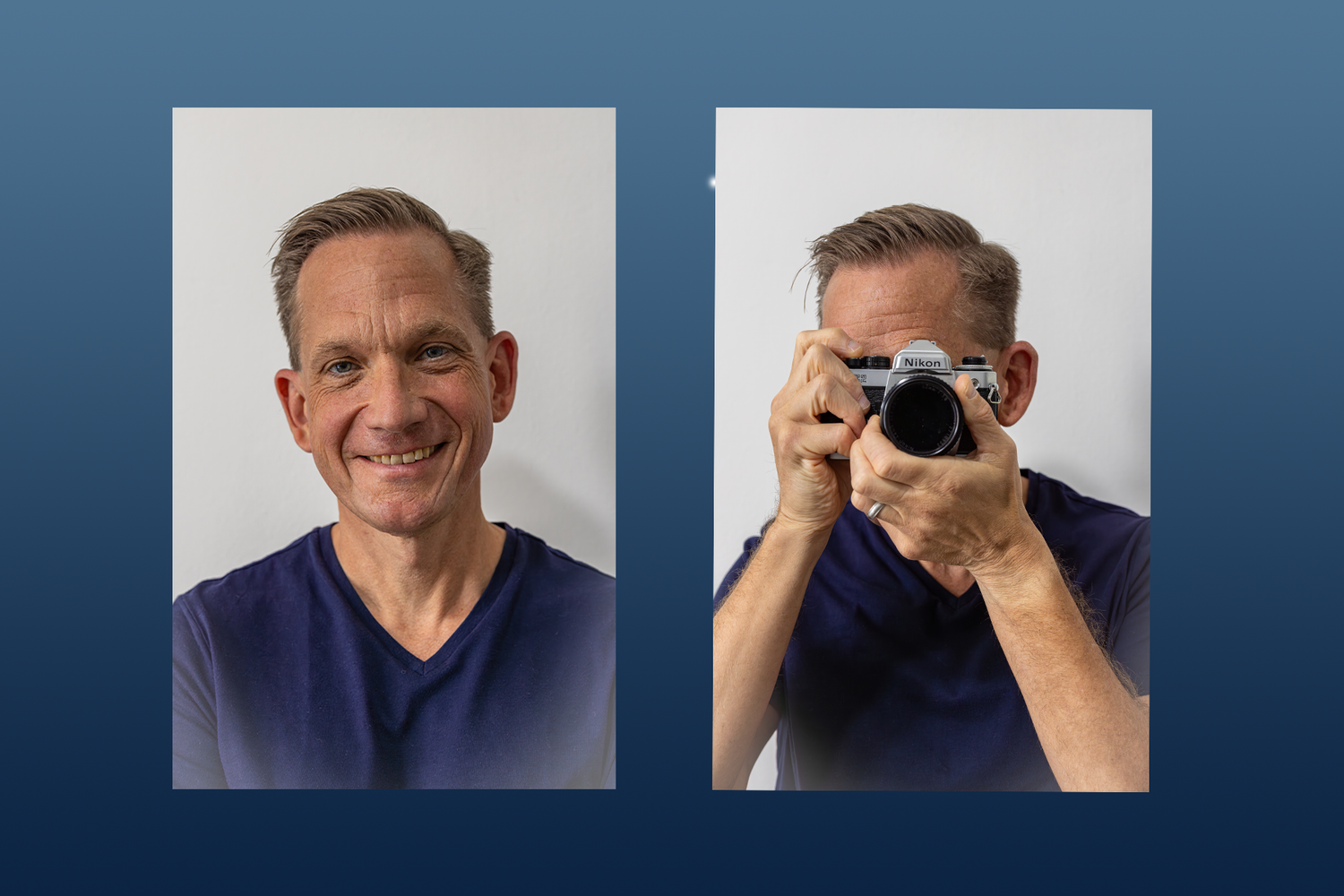Man in blue scrubs smiling beside himself holding a camera on blue background.