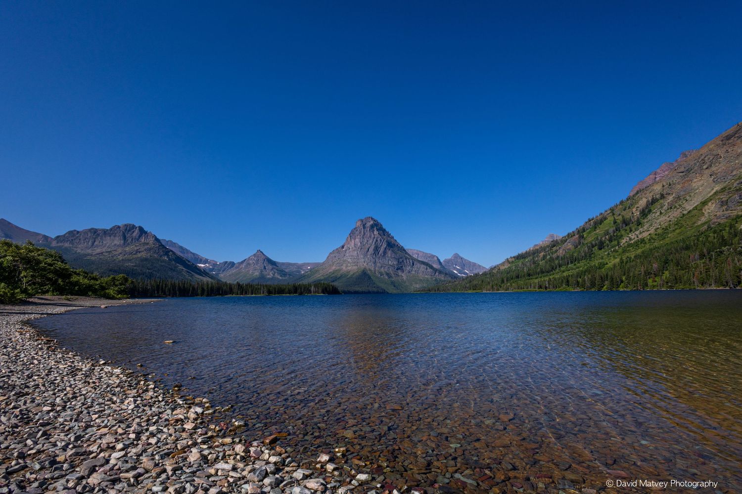 Serene Two Medicine Lake reflecting mountains under a deep blue sky in Glacier National Park.