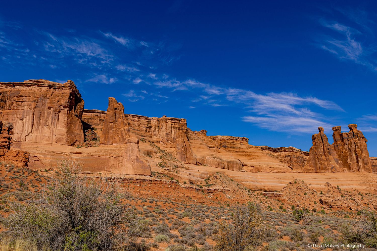 Panoramic view of red rock formations and desert scrub under blue sky in Arches National Park, Utah.