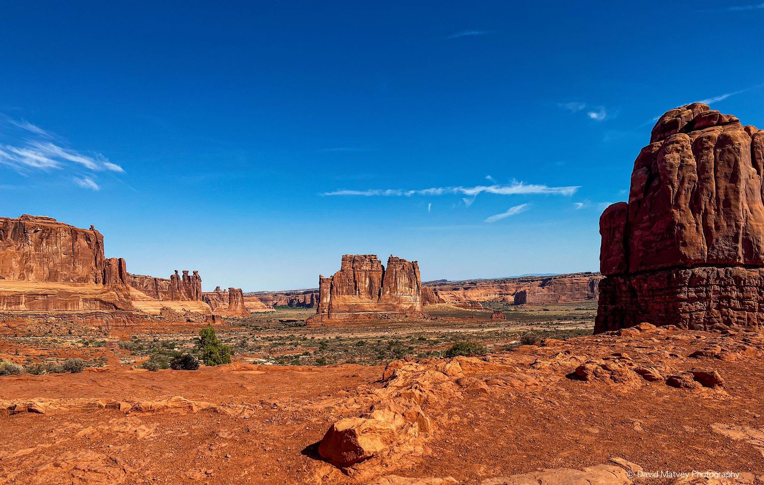 Panoramic view of red rock formations and desert landscape under clear blue sky in Arches National Park.