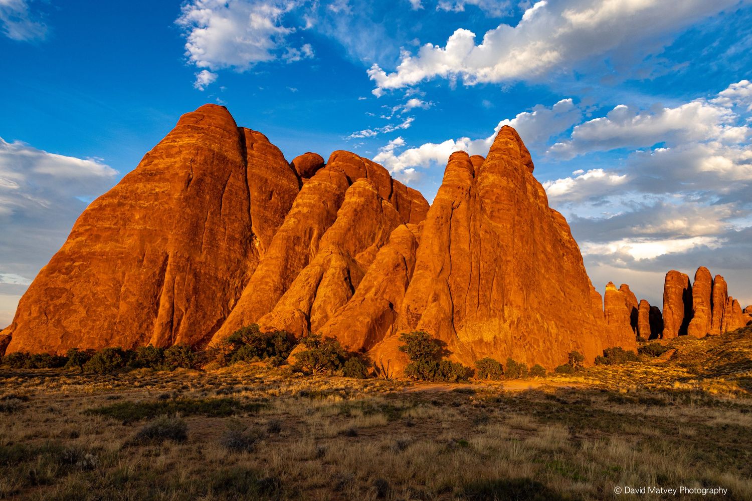 Glowing red sandstone fins and rock formations at golden hour under dramatic cloudy sky in Arches National Park.