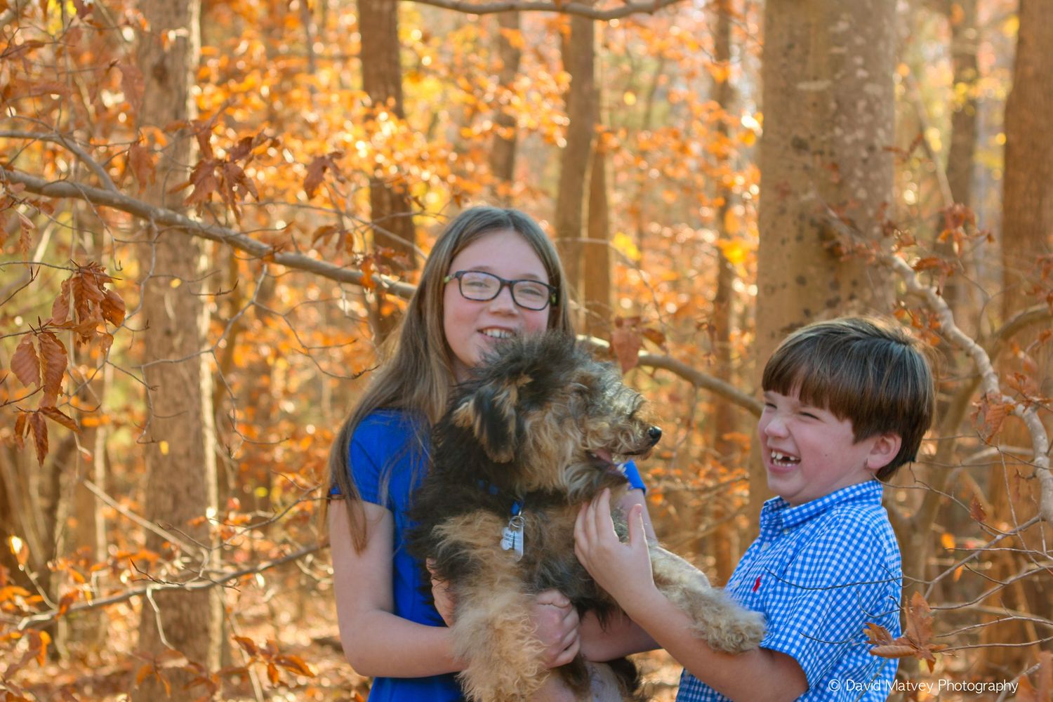 Girl and boy laughing while holding small dog in colorful fall woodland setting.