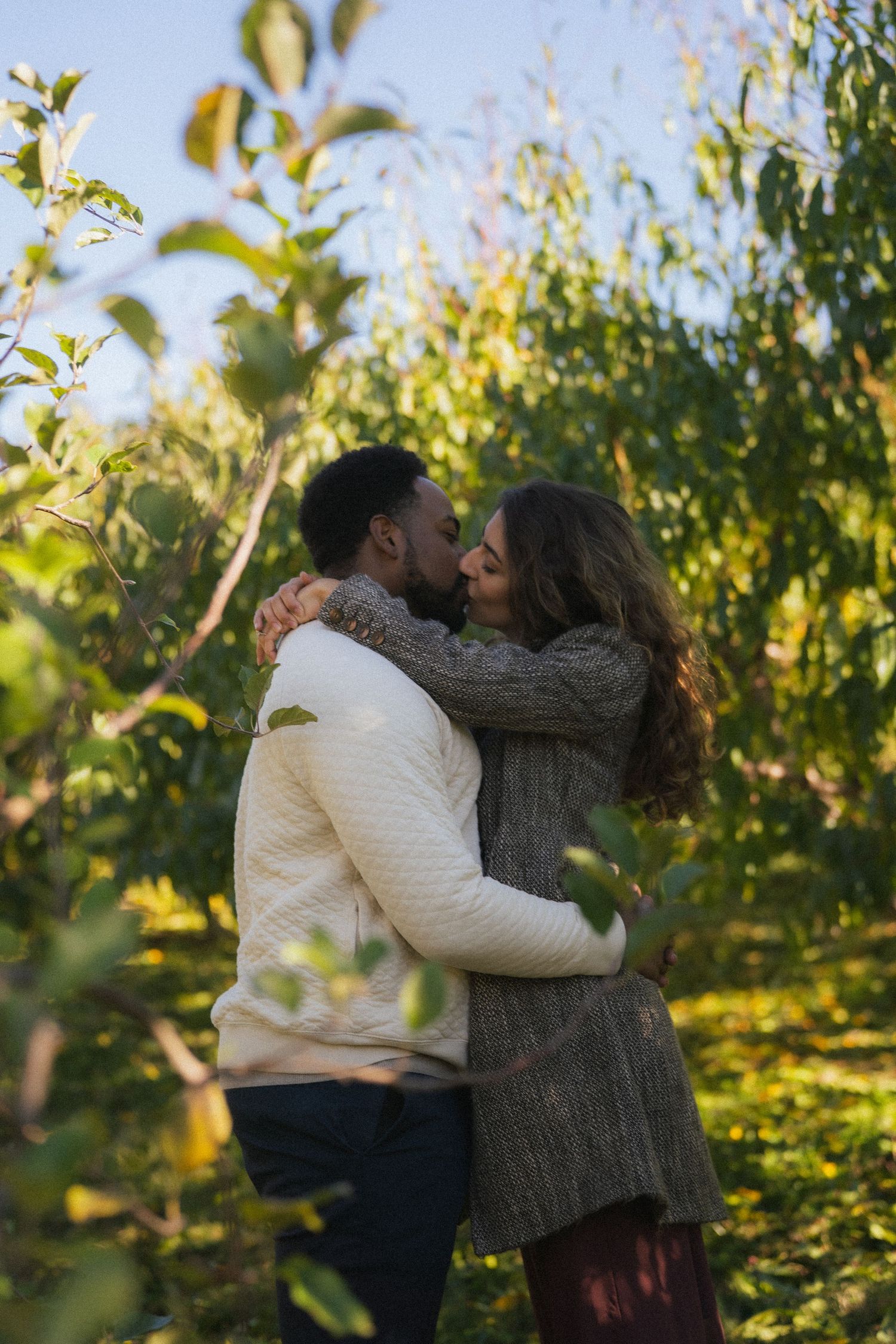 Couple sharing a kiss while embracing in a lush green orchard on a sunny day.