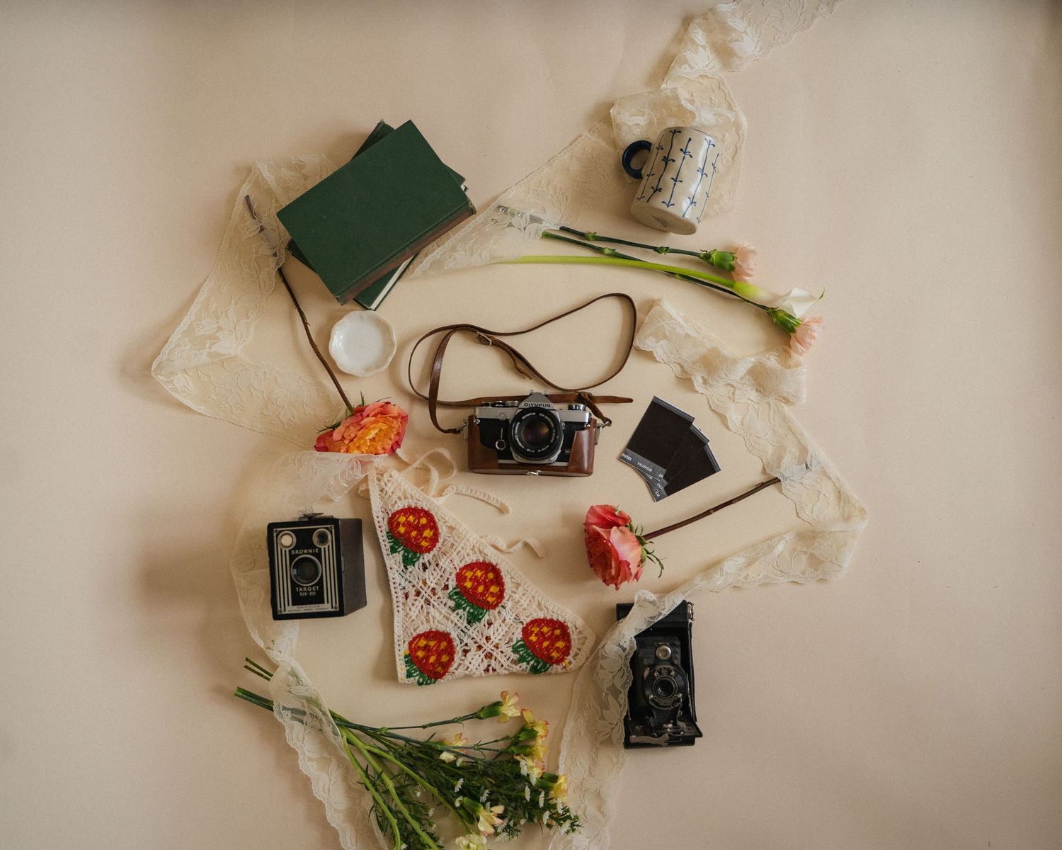 Flat lay of vintage cameras, lace fabric, flowers, and books arranged on a white surface.
