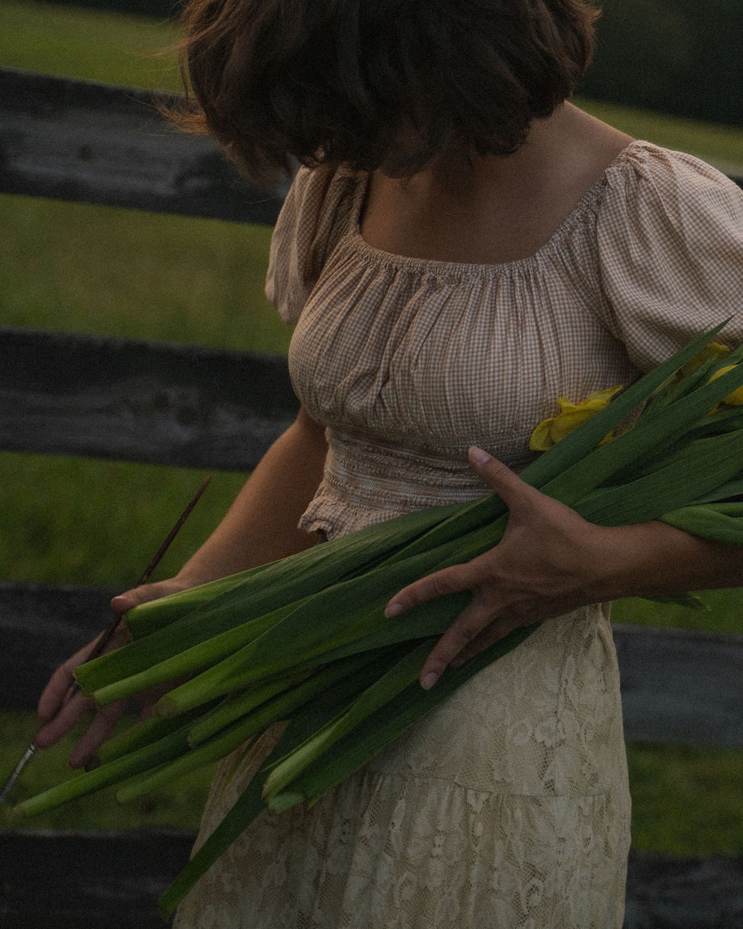 Young woman in beige blouse holding a bundle of green gladiolus stems near a wooden fence.