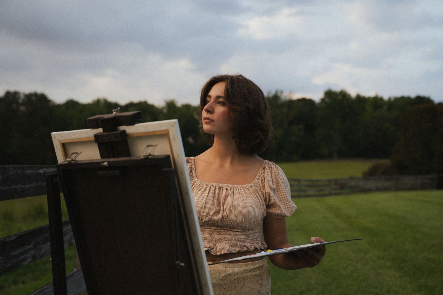 Brunette woman painting on easel outdoors in green field under cloudy sky.