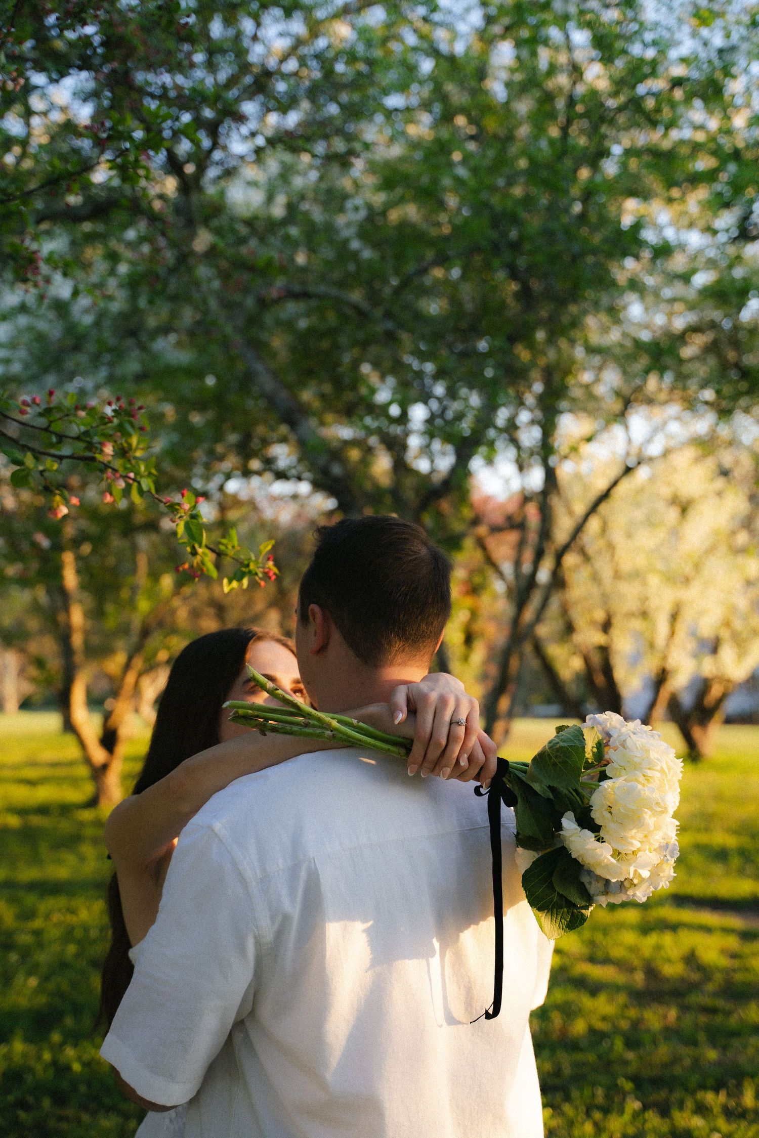 Couple embracing in a sunny park, woman holding white hydrangea bouquet, viewed from behind among green trees.