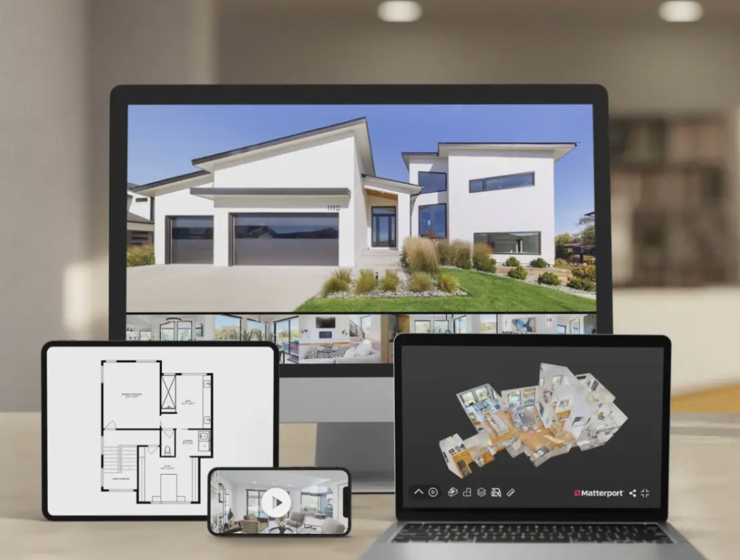 Multiple digital devices displaying architectural plans and 3D renderings of a modern house.
