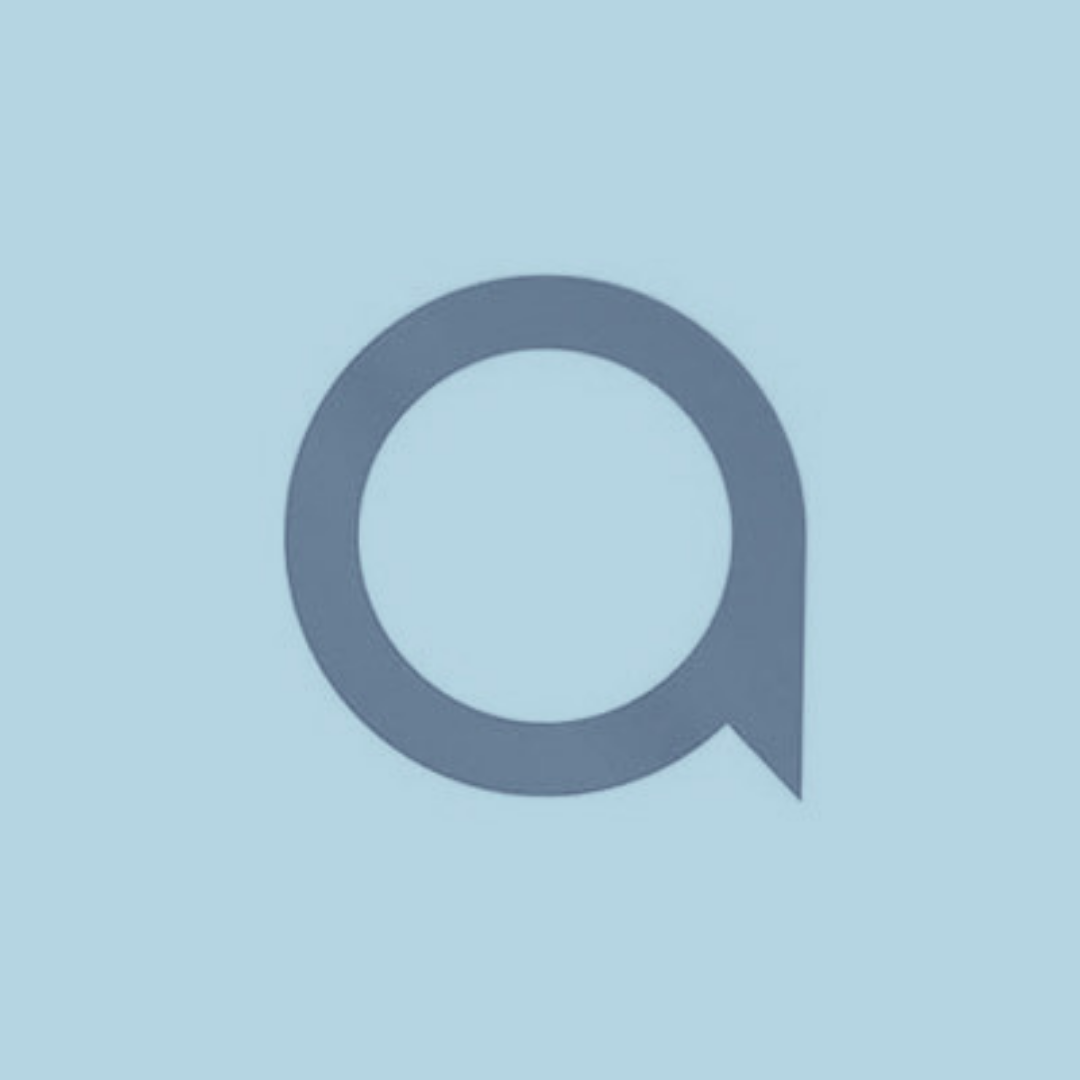 Minimalist dark grey letter a speech bubble logo on light blue background.