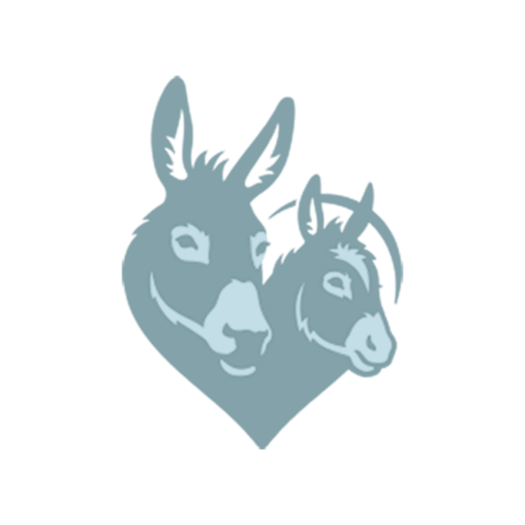 Two donkeys forming a heart shape logo in muted blue-grey tones.