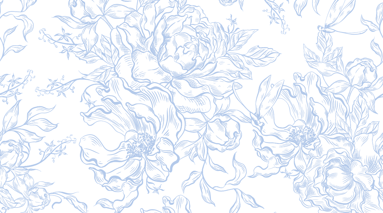 Elegant blue and white floral toile pattern featuring detailed peony blooms and leaves on white background.