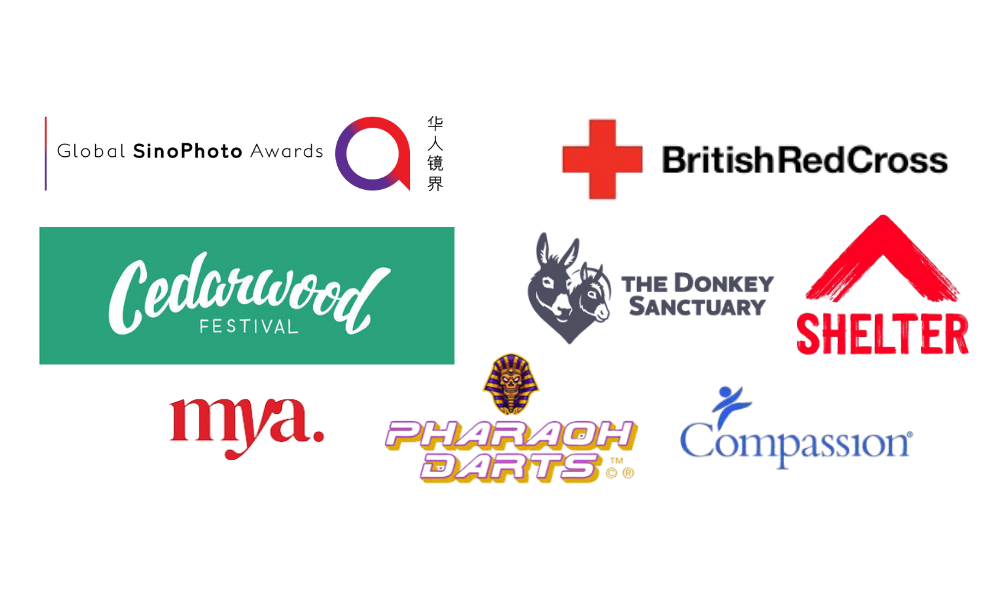Collection of logos including British Red Cross, Shelter, Compassion, Cedarwood Festival, Pharaoh Darts, Mya, and Donkey Sanctuary.