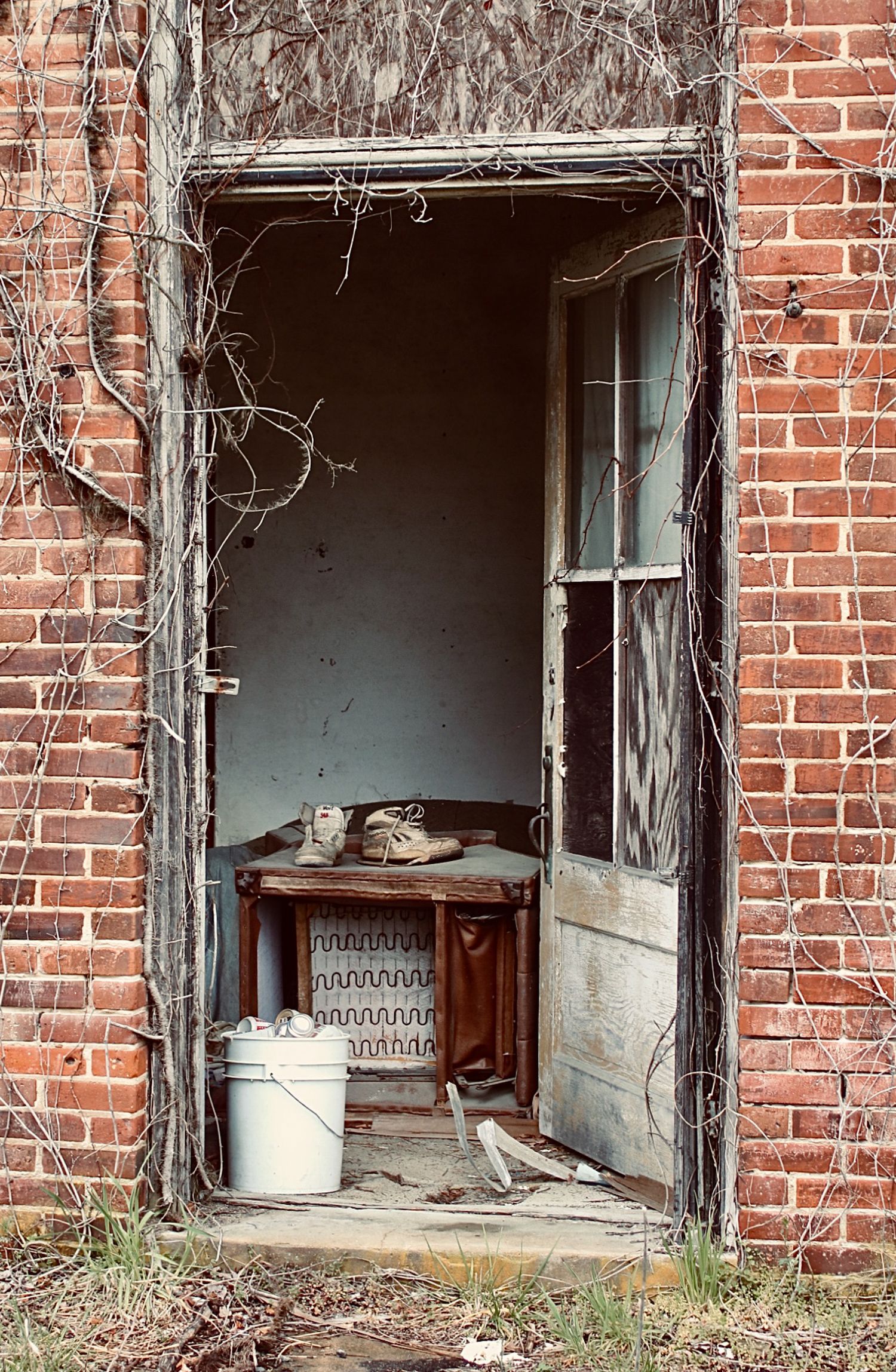 Open doorway of an abandoned brick building with shoes on a table and overgrown vines in rural Virginia.