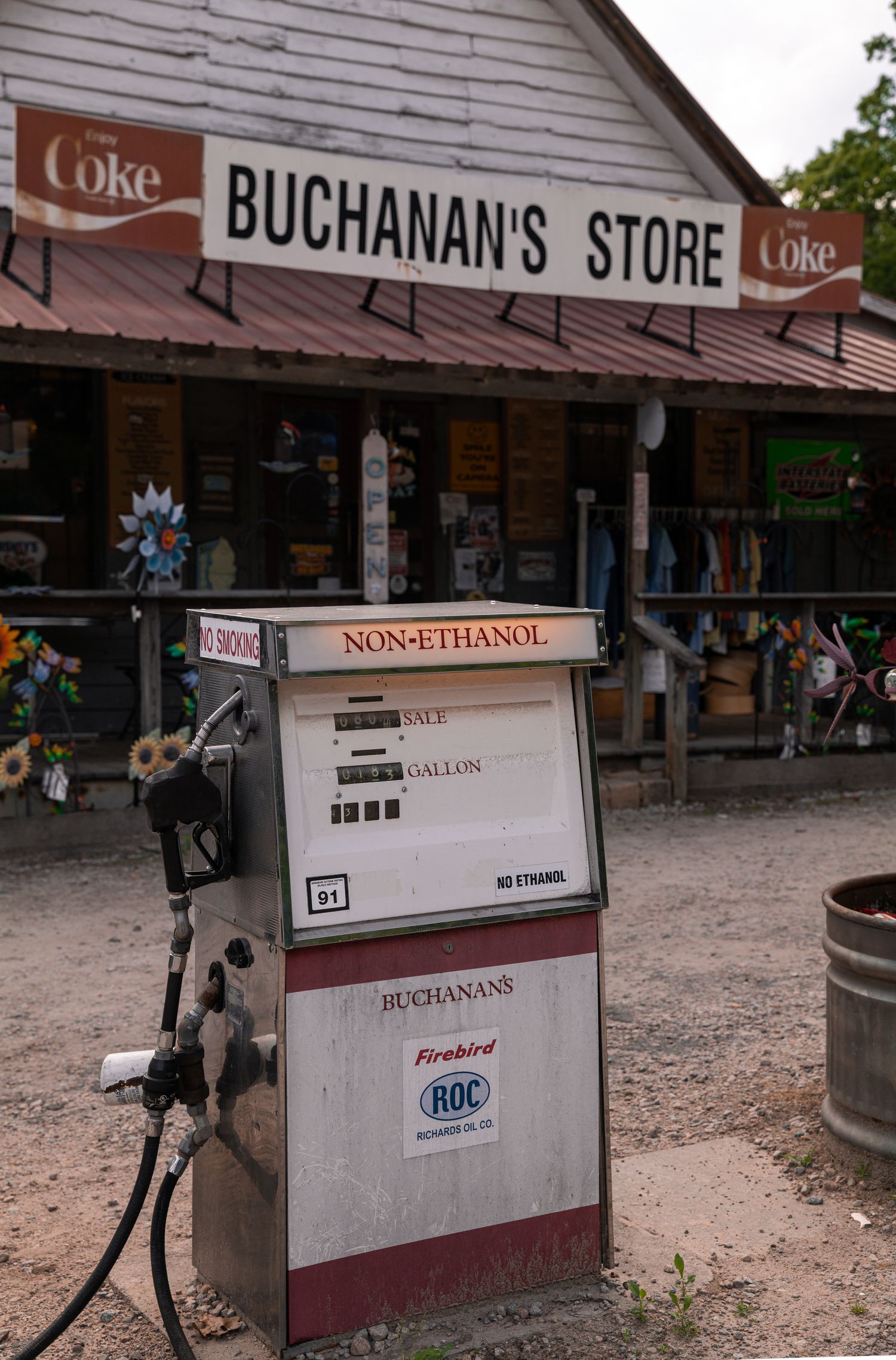Vintage gas pump in front of Buchanan’s Store, a small rural  general store.