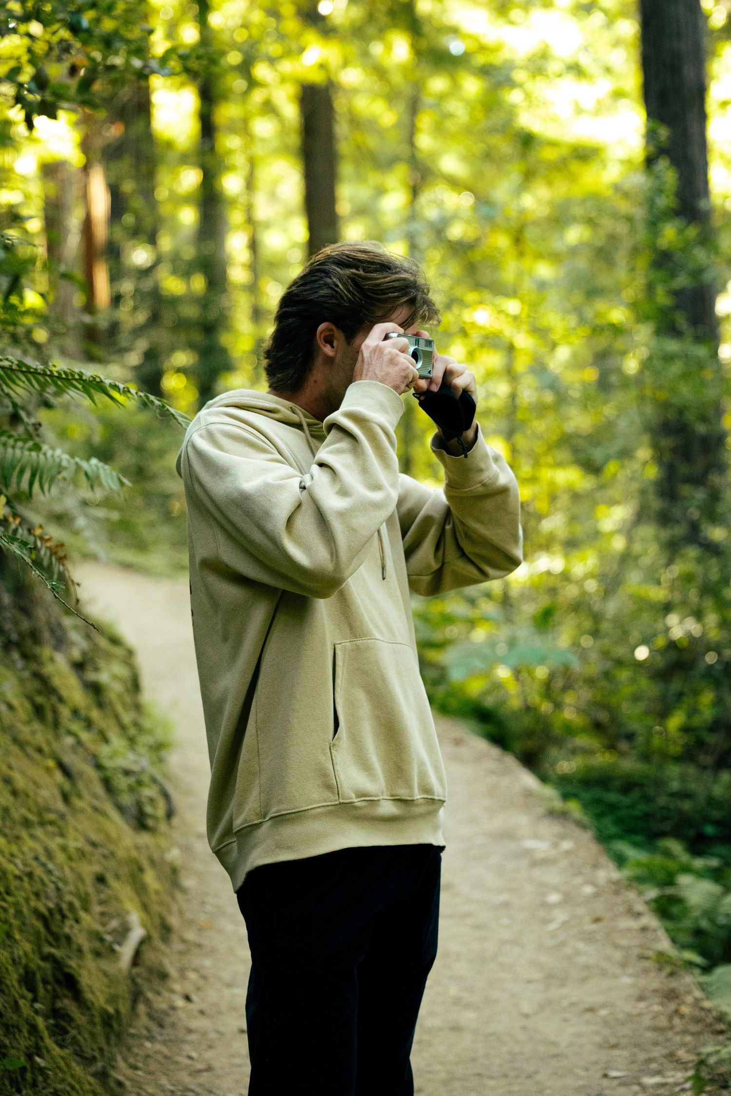 A person walking on a path in a lush, green forest.