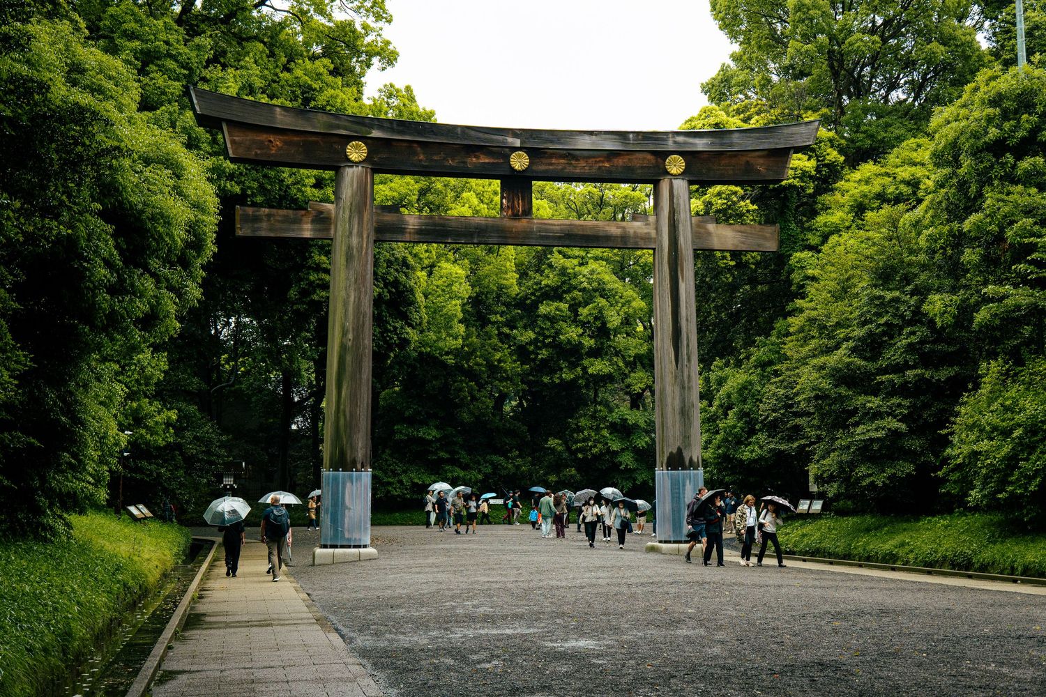 A traditional Japanese torii gate stands in a lush, green park setting.