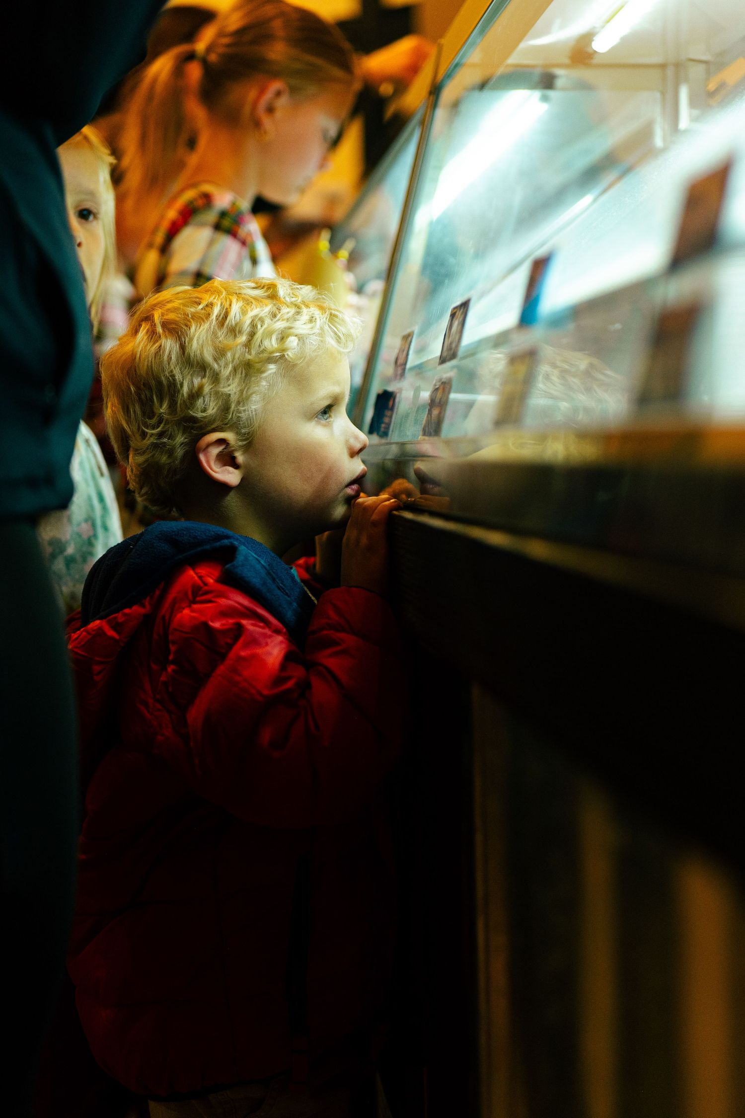 Curious blond child in red jacket peering into illuminated display case at museum exhibit.