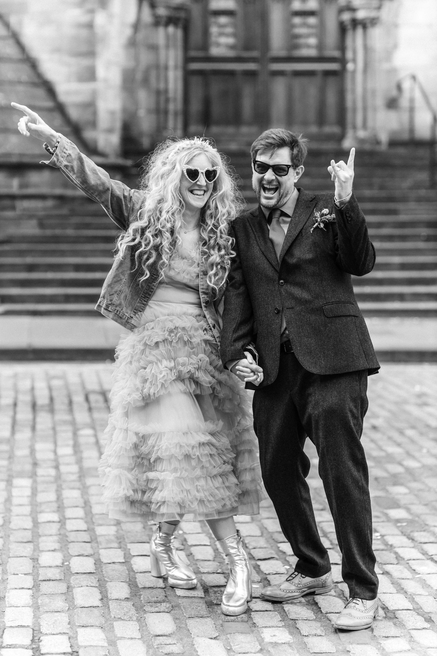 Untraditional wedding dress, black and white photo. Edinburgh Wedding, City Chambers Wedding