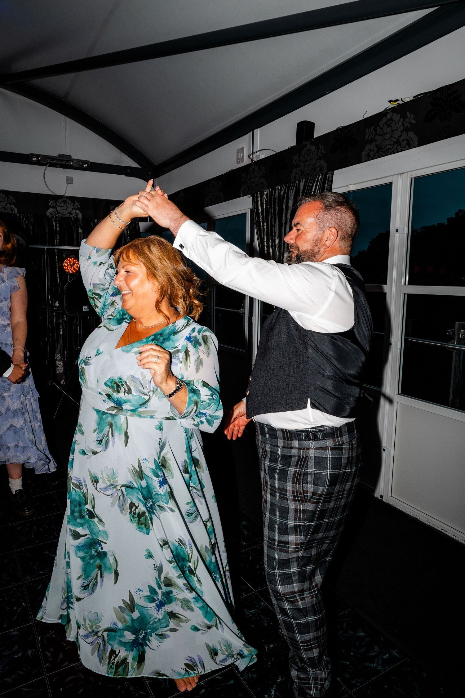 Guests having fun, dancing wedding, Glass House Edinburgh City Scotland,