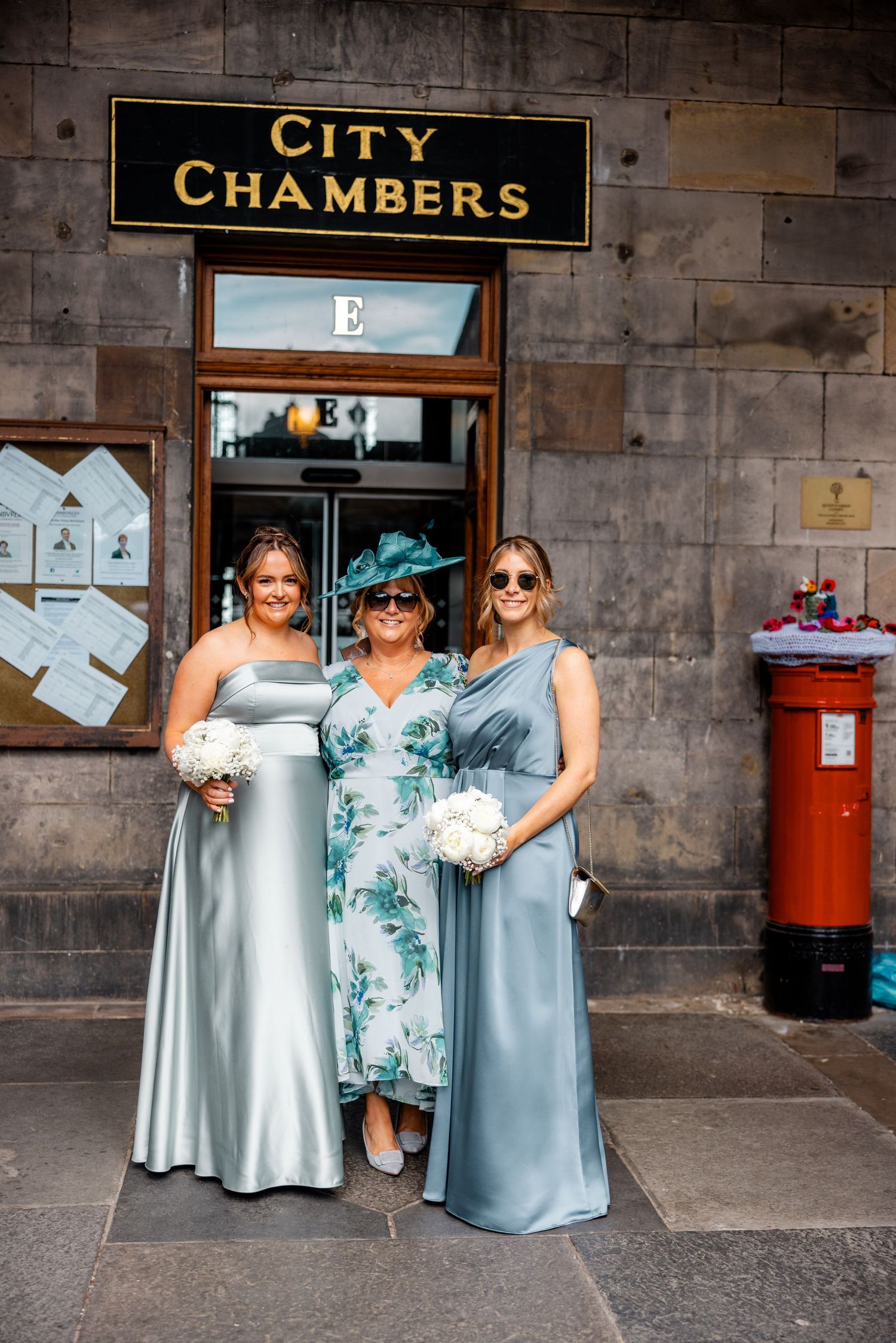 Brides party outside City Chambers wedding in Edinburgh, Scotland,