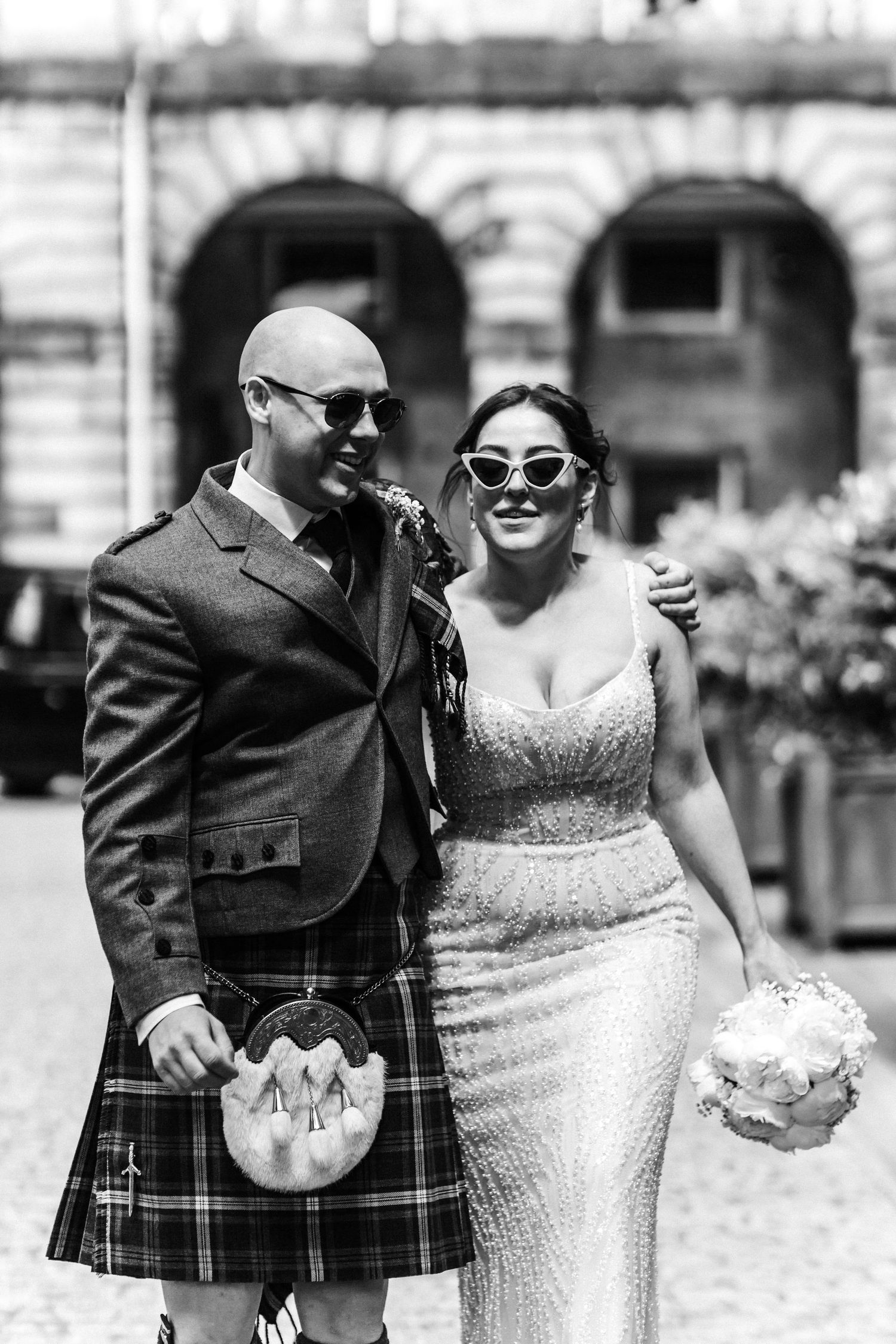 Bride and groom black and white portrait , City Chambers wedding in Edinburgh, Scotland,