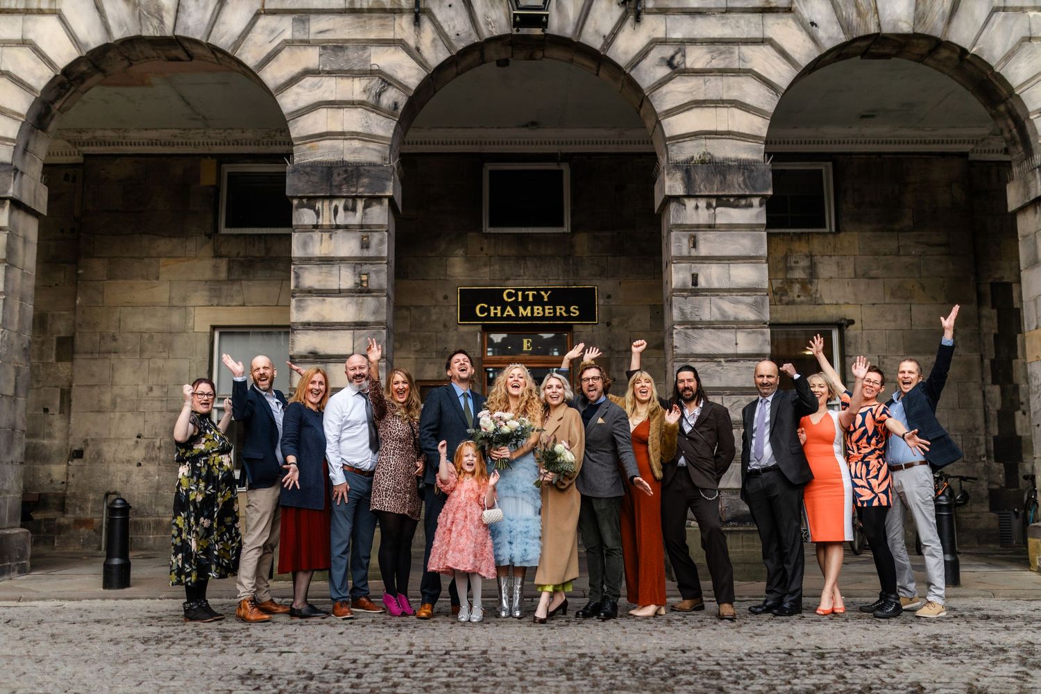 Group photo, wedding at  City Chambers Edinburgh Scotland,
