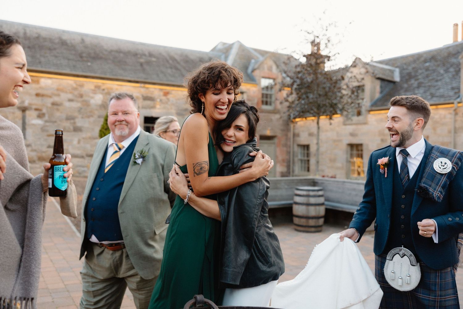 Wedding huggs at Rosebery Steading, Temple, Gorebridge, Scotland.