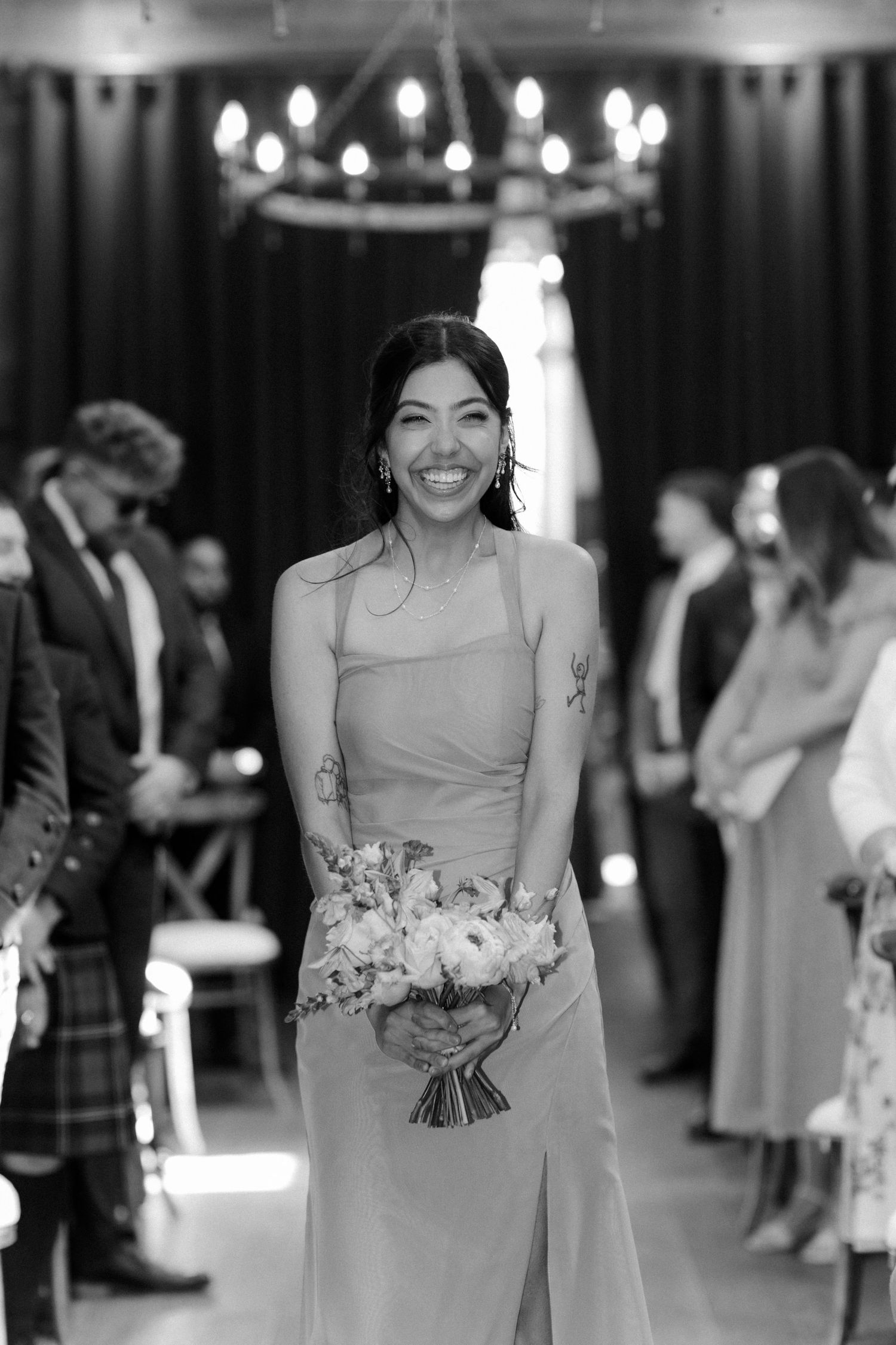 Wedding ceremony, walking down the isle, at Rosebery Steading, Temple, Gorebridge, Scotland.