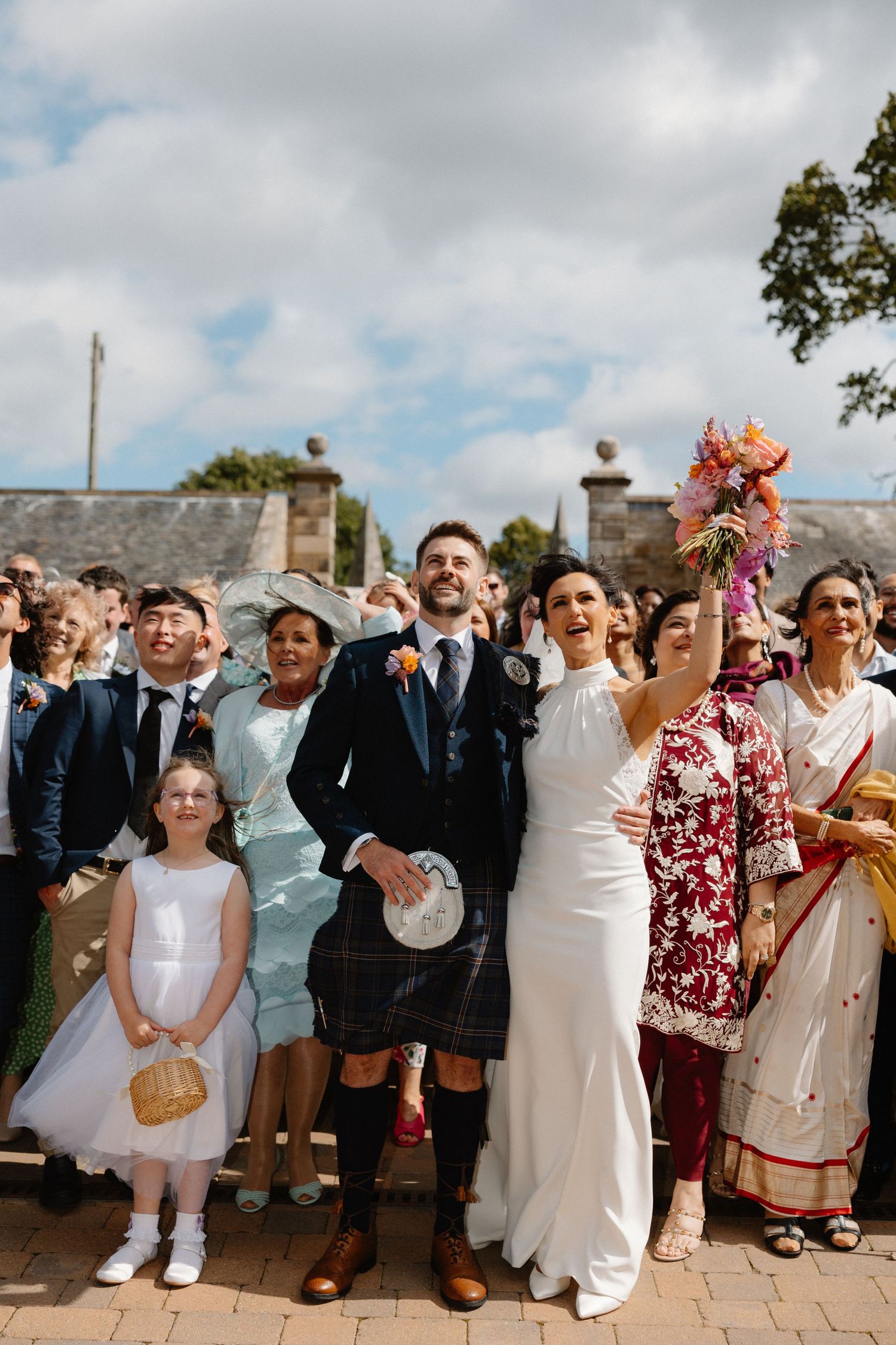 Wedding group photo, at Rosebery Steading, Temple, Gorebridge, Scotland.