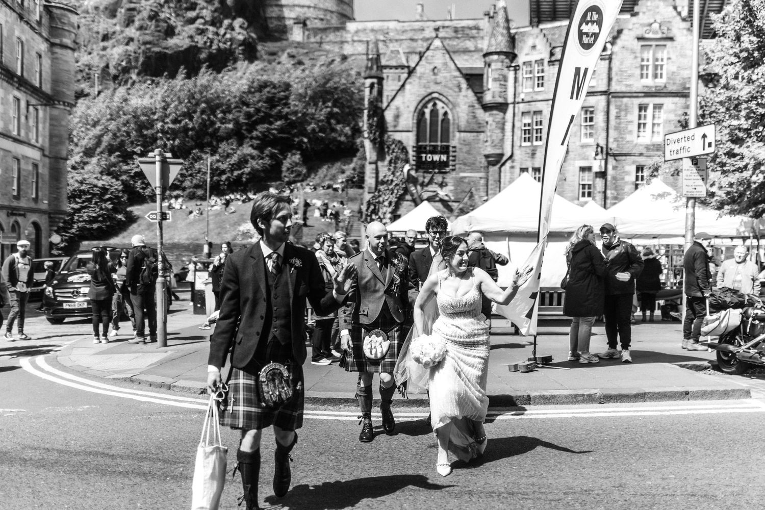 Bride and groom walking around the city, Glass House Edinburgh City Scotland,