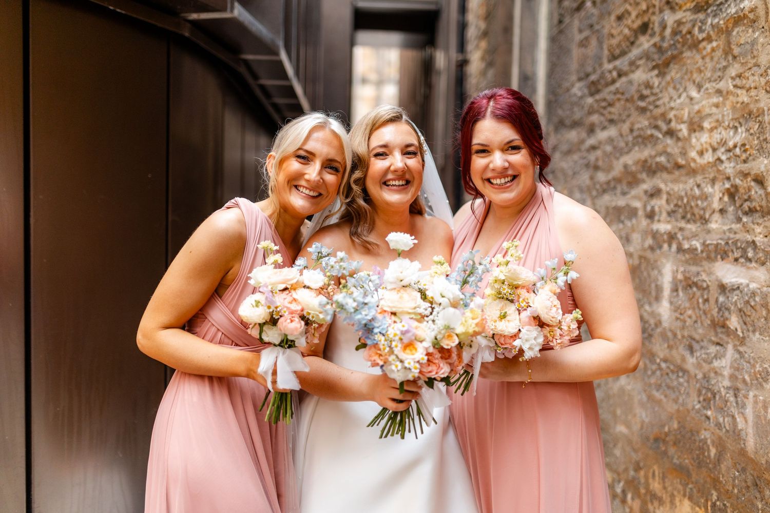 Wedding  group photos, bride and girls Virgin hotel in Edinburgh City Scotland