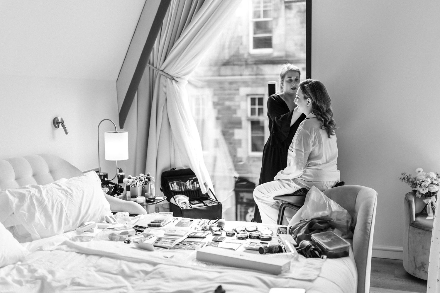 Wedding bride getting ready portrait, make up, Virgin hotel in Edinburgh City Scotland