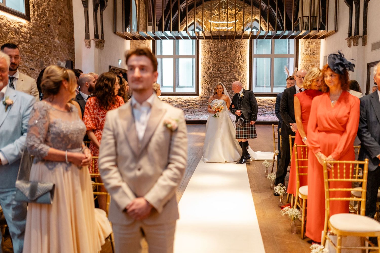 Wedding ceremony, walking down the isle. bride with father , Virgin hotel in Edinburgh City Scotland