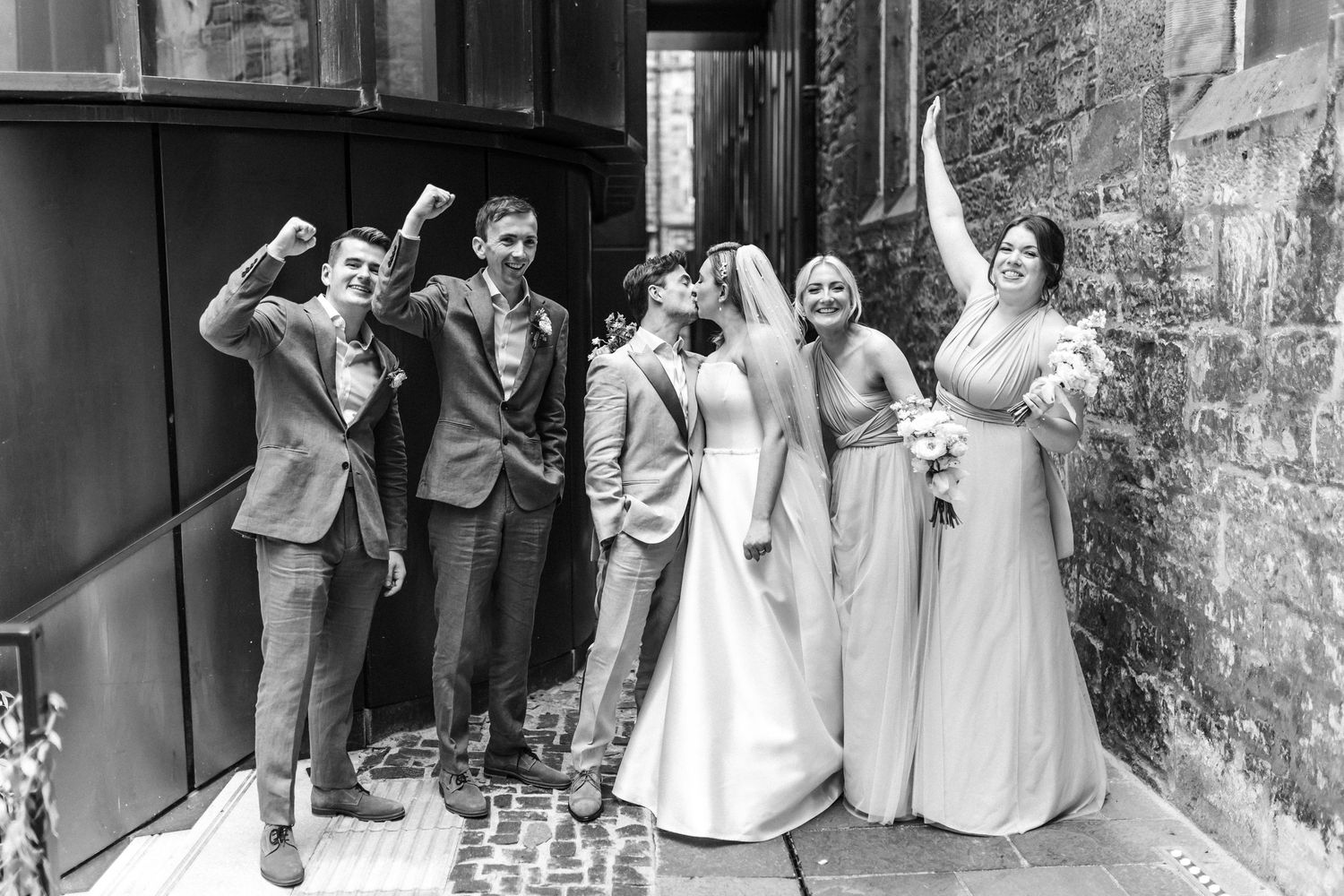 Wedding party group photos, Virgin hotel in Edinburgh City Scotland