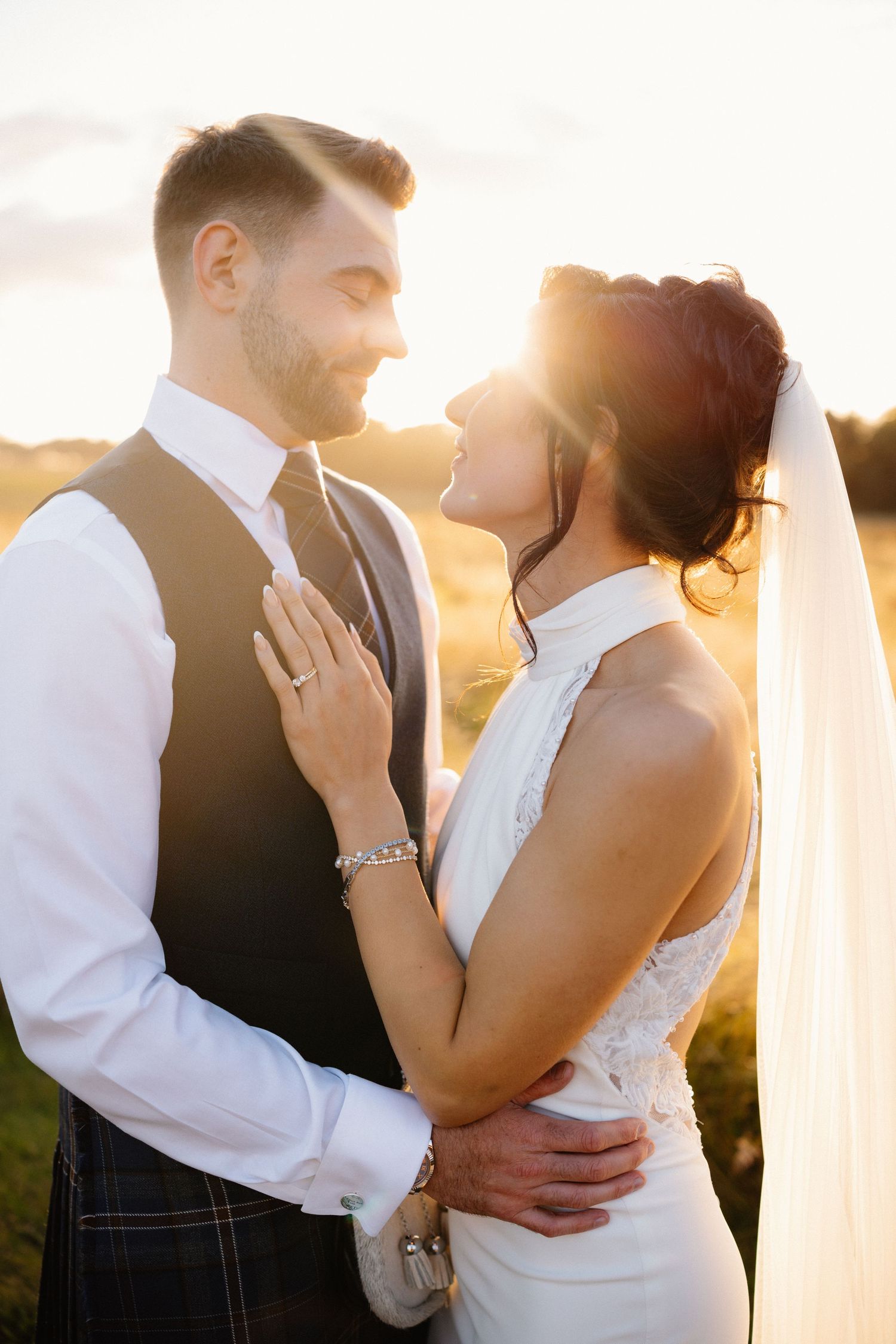 Golden Hour bride and groom photoshoot at Rosebery Steading, Temple, Gorebridge, Scotland.