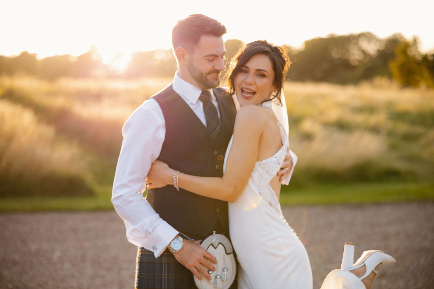 Golden Hour bride and groom photoshoot at Rosebery Steading, Temple, Gorebridge, Scotland.