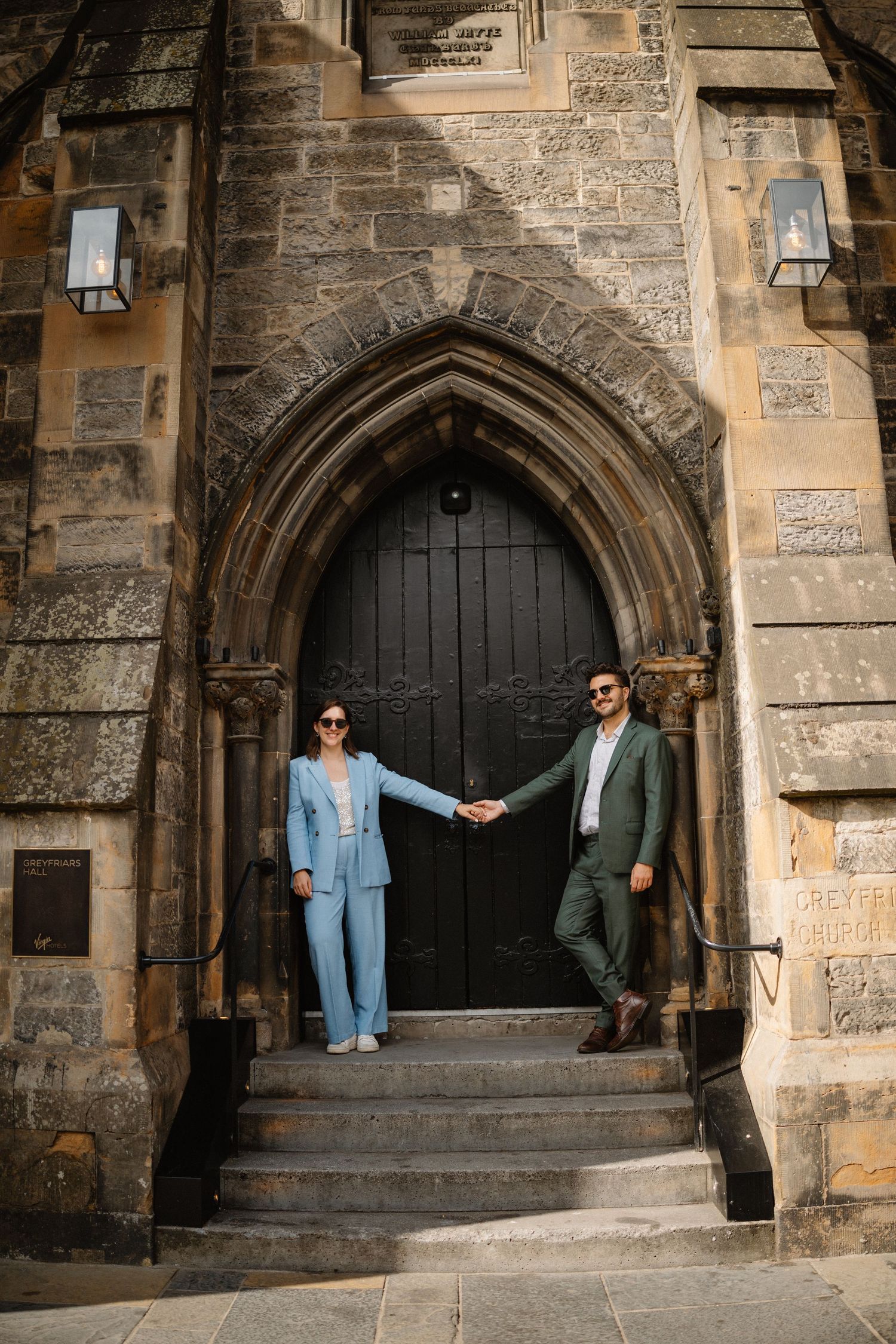 Couple outside Virgin Hotel, Edinburgh City Scotland,