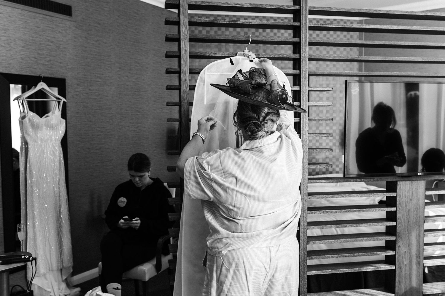 Bride prep,  wedding dress inside the Glass House, Edinburgh, Scotland