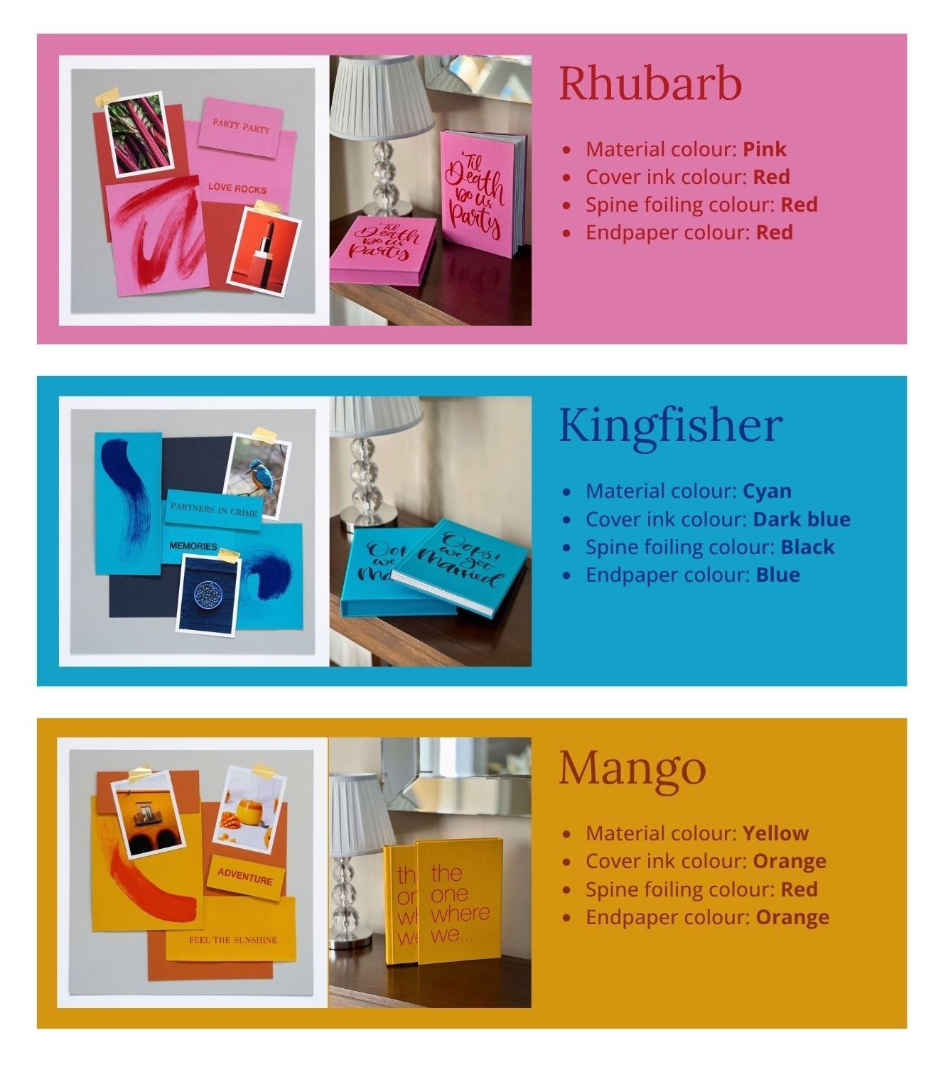 A collection of colorful design swatches showing pink, blue, and yellow color schemes with text labels for rhubarb, kingfisher and mango.