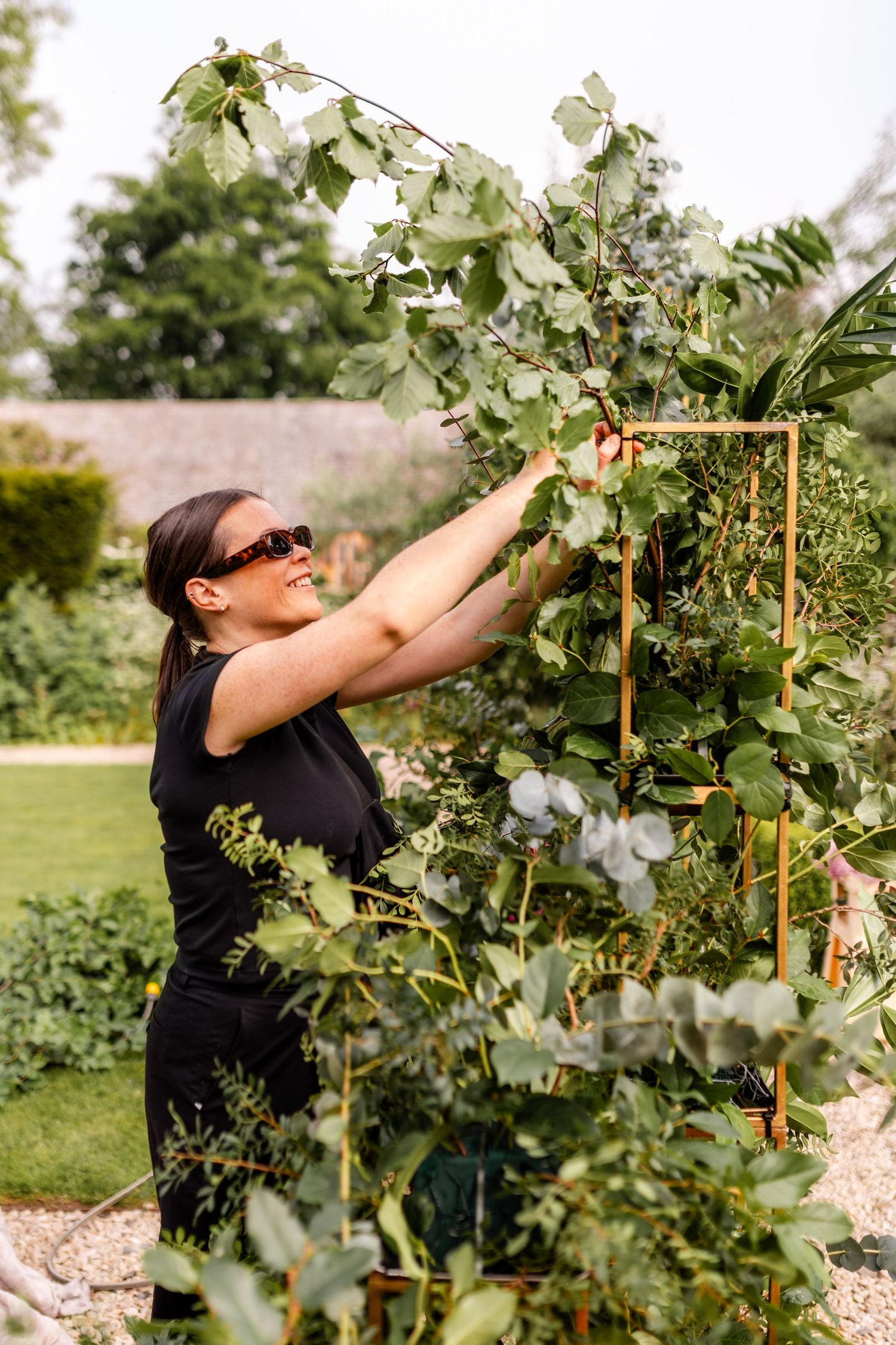 A gardener wearing black reaches up to tend to climbing vines on a wooden trellis in a sunny garden.