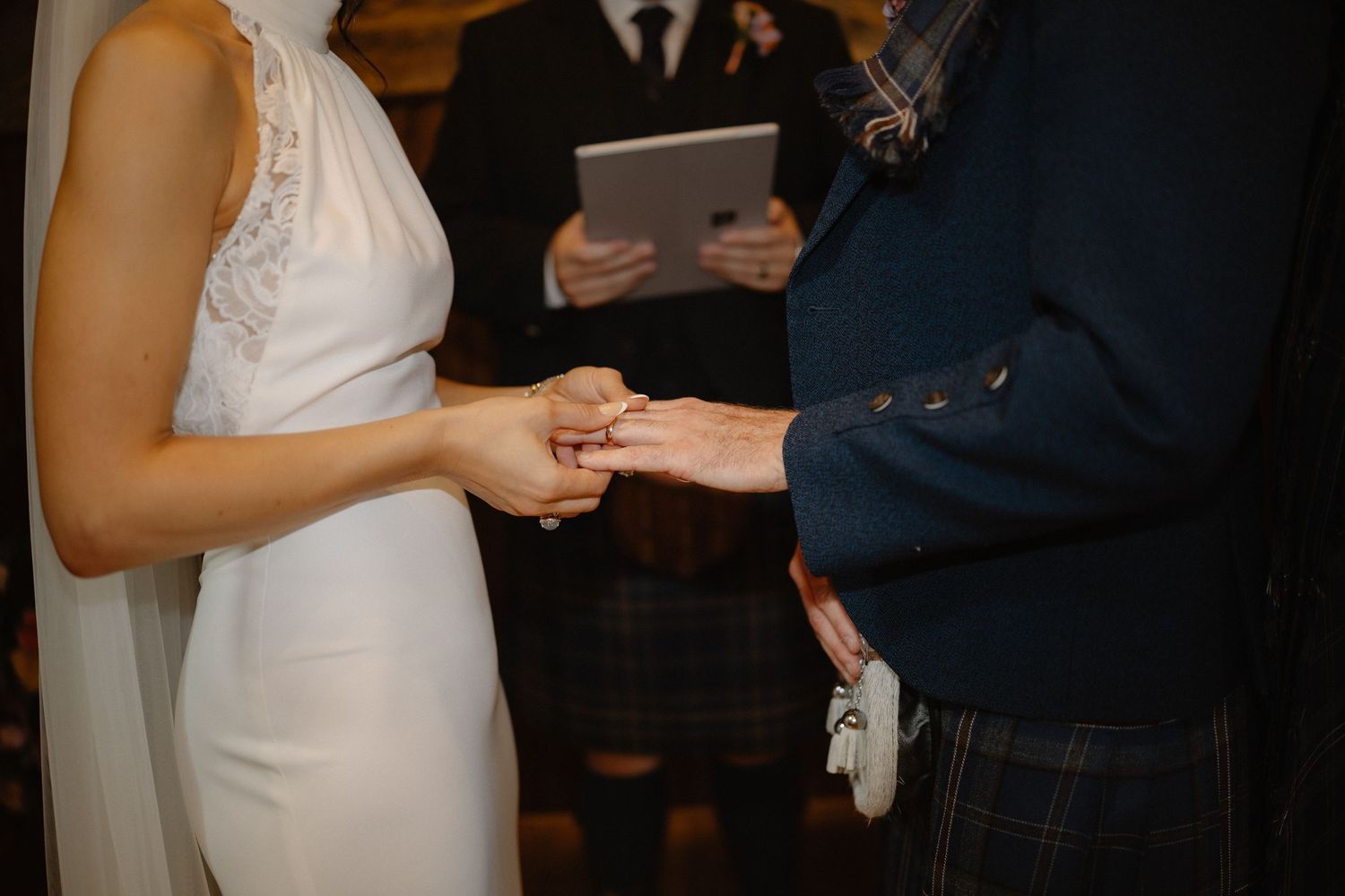 Wedding ceremony, rings, at Rosebery Steading, Temple, Gorebridge, Scotland.