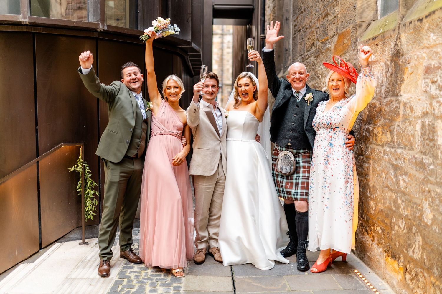 Wedding party group photos, Virgin hotel in Edinburgh City Scotland