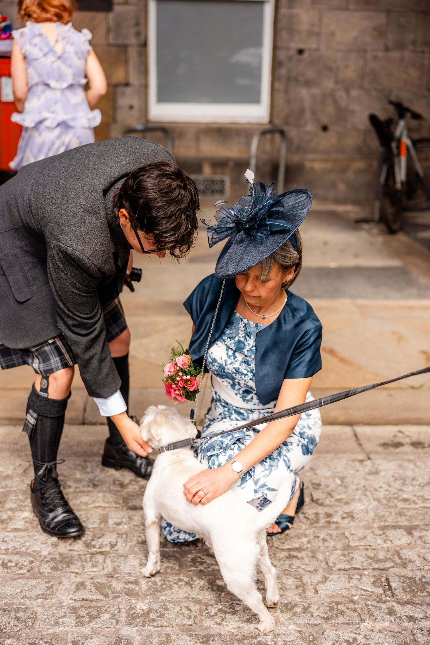 Family and dog outside, City Chambers wedding in Edinburgh, Scotland,