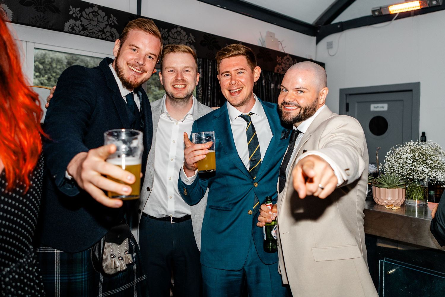 Guys, Guests having fun, dancing wedding, Glass House Edinburgh City Scotland,