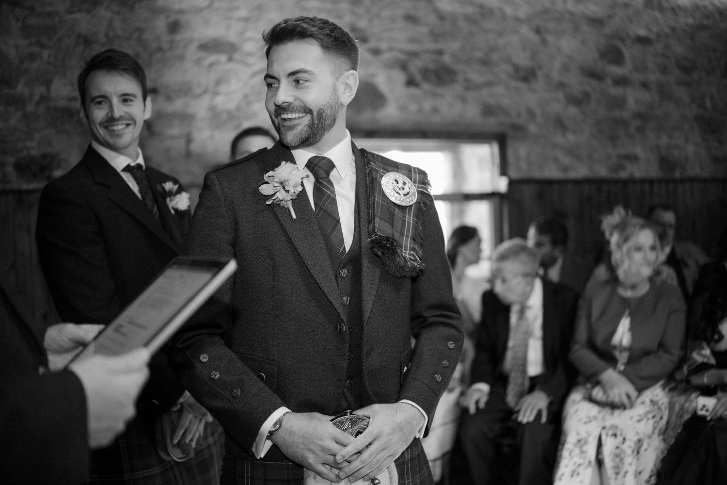 Wedding ceremony, groom, at Rosebery Steading, Temple, Gorebridge, Scotland.