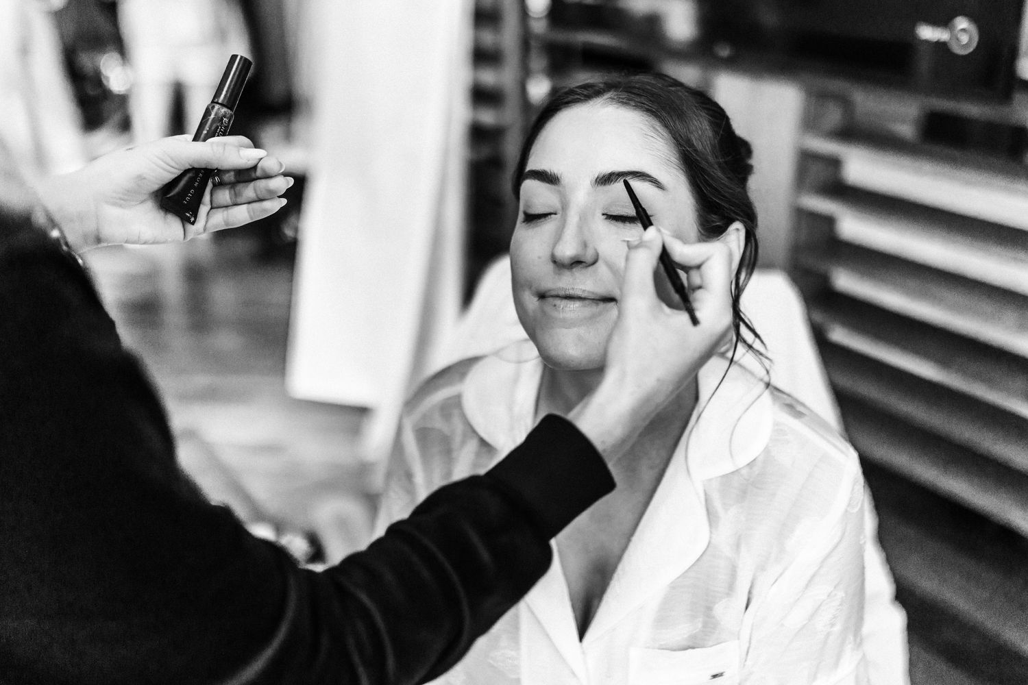 Bride having a make up done, prep wedding Glass House Edinburgh, Scotland,