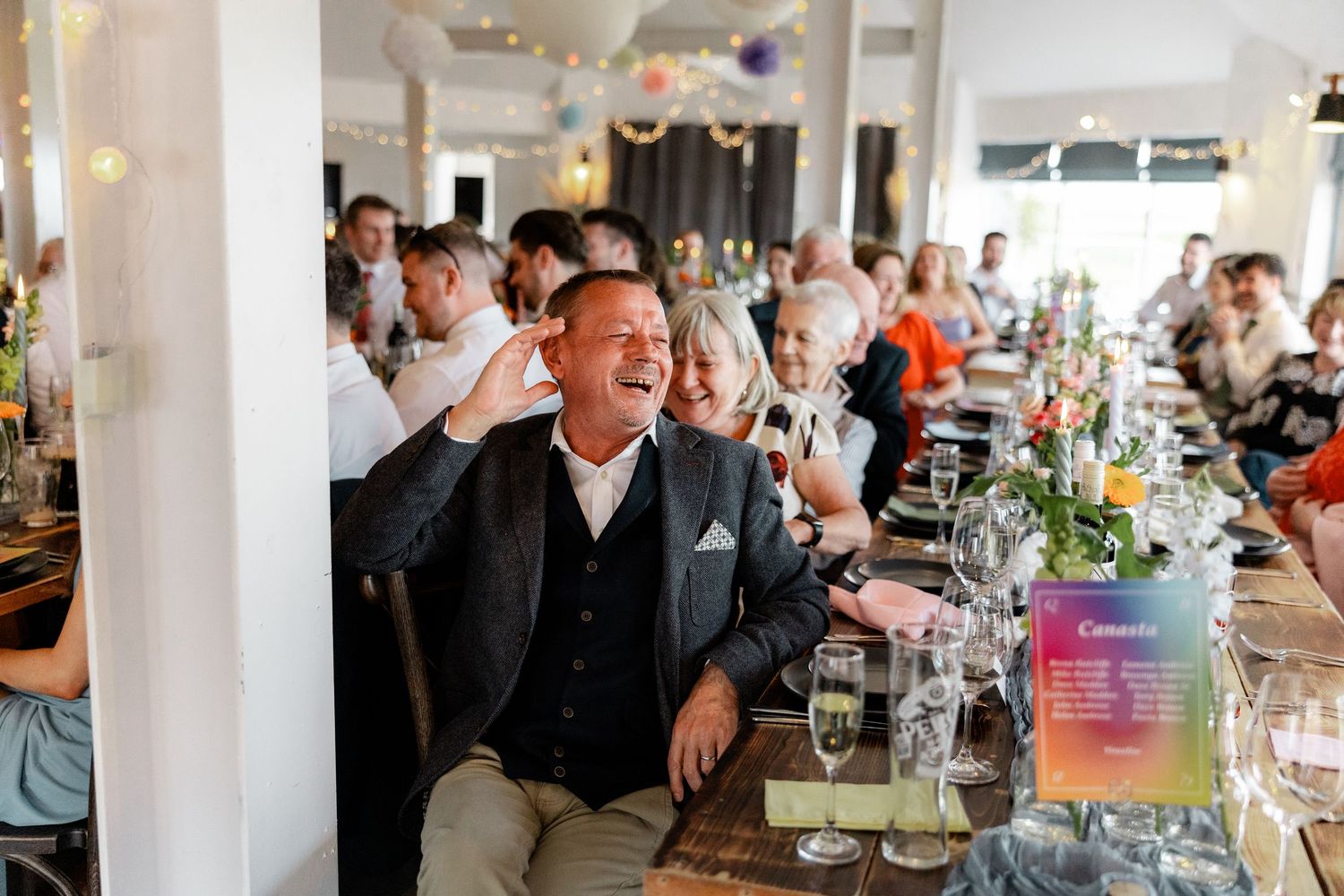 Wedding reception venue with guests seated at tables enjoying the celebration.