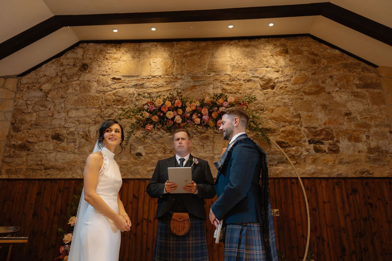 Wedding ceremony, bride and groom, at Rosebery Steading, Temple, Gorebridge, Scotland.