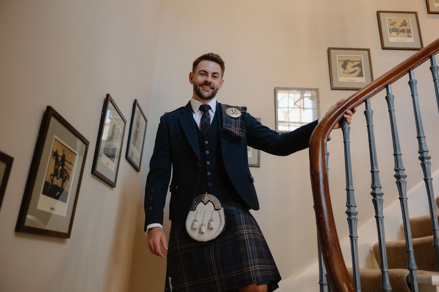 Groom portraits Wedding at Rosebery Steading, Temple, Gorebridge, Scotland.