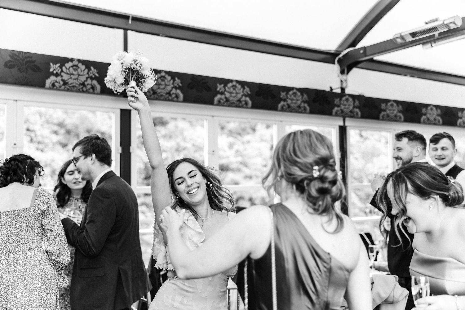 Guests having fun, dancing wedding, Glass House Edinburgh City Scotland,